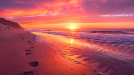 Obraz premium Footprints in the Sand: Golden Sunset Reflecting on Waves and Sandy Beach with Footprints Leading Towards the Ocean
