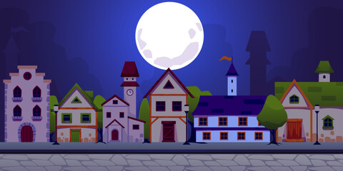 Fototapeta premium Medieval town street in night full moon light vector flat, old vintage cityscape, pavement, stone mansions, clock tower