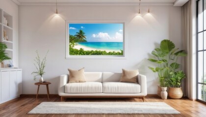 Vibrant living room interior with plush cream sofa and velvet armchair, surrounded by a sleek wooden shelf adorned with eclectic art pieces and gold accents, standing atop a rich