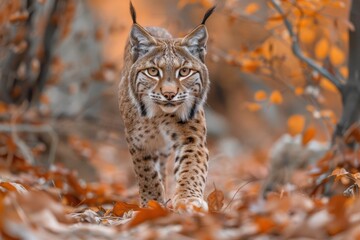 An Iberian lynx prowling through a Mediterranean forest, its tufted ears and spotted fur blending with the autumn leaves.