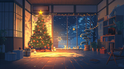 empty room with christmas tree with the lights decoration, 2d anime with lofi style, single color hue, japanese cozy vibe