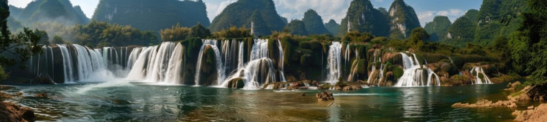 Fototapeta premium A Breathtaking Panoramic View of a Majestic Waterfall in a Lush Forest