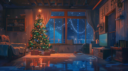 empty room with christmas tree with the lights decoration, 2d anime with lofi style, single color hue, japanese cozy vibe