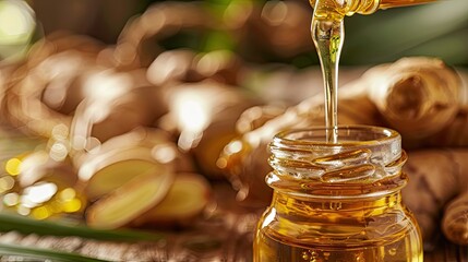 ginger essential oil drop close-up. Selective focus