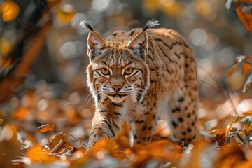 Obraz premium An Iberian lynx prowling through a Mediterranean forest, its tufted ears and spotted fur blending with the autumn leaves.