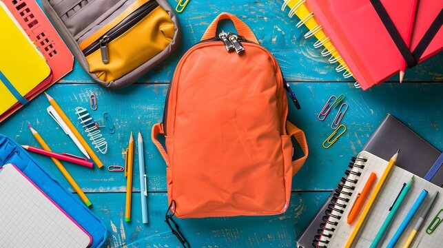 A flat lay of school supplies including notebooks, pencils, and a backpack on a classroom desk