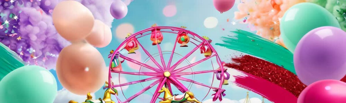Easter greeting card web banner. Decorated Easter eggs against carnival scene with ferris wheel and colorful carousel background. Spring holiday copy space background