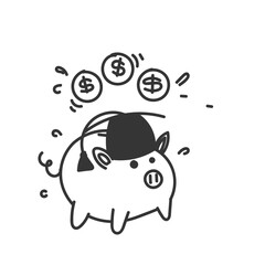 hand drawn doodle person put money tuition on graduation hat piggy bank symbol for education fee tuition