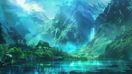 Obraz premium Tranquil Mountain Cabin with Futuristic Holographic Enhancements in Digital Painting with Soft Blue and Green Hues