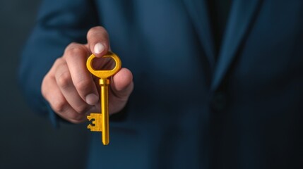 Hand holding a shining key, success concept, unlocking potential have copy space for text, focus cover all object, deep dept of field