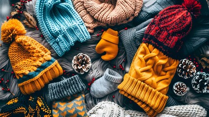 A selection of winter clothing items such as hats, scarves, and gloves laid out on a cozy surface
