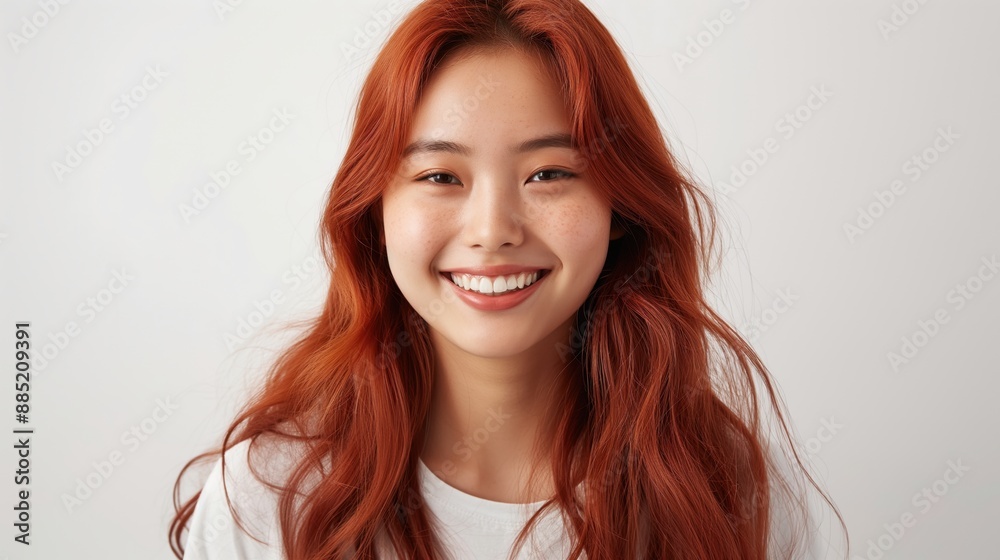 Poster Portrait of a young woman with long red hair smiling against a white background.