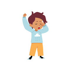 Cute sleepy boy wearing pajamas standing, stretching and yawning vector flat illustration, kid waking up or bedtime