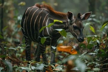An okapi feeding on leaves in the dense Congo rainforest, its striped hindquarters and elongated neck visible through the foliage