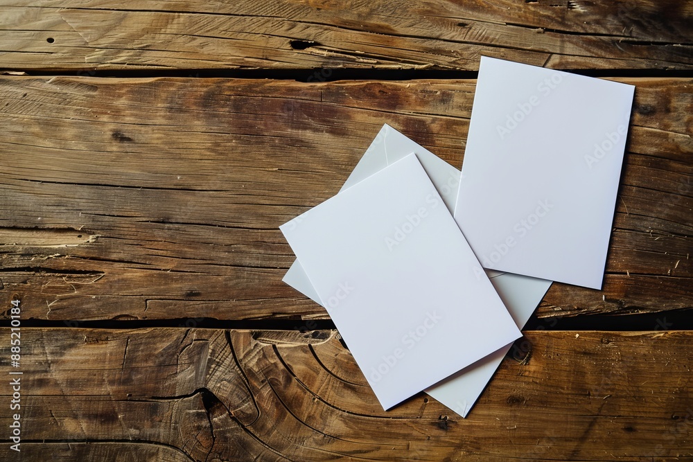 Poster the blank portrait mock-up paper is isolated on a brown wooden table with a changeable background / 