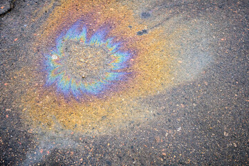 Spills of fuel or oil on the asphalt road as texture or background.