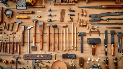 A variety of woodworking tools such as saws, chisels, and clamps neatly arranged on a workshop bench
