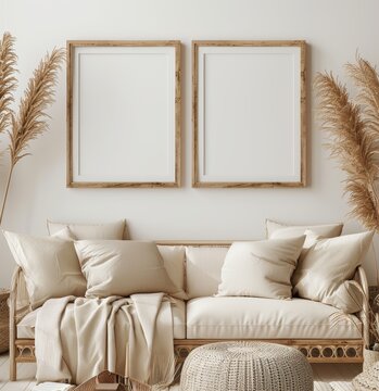 An image of two vertical frames on a white wall in a contemporary living room design