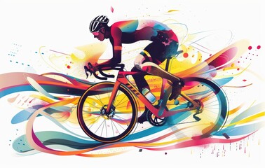 Fototapeta premium Road biking cyclist man on bike professional. Cycling athlete riding racing bicycle in competition race biking with high intensity and effort on. Illustration with colorful airbrushed effect on white 