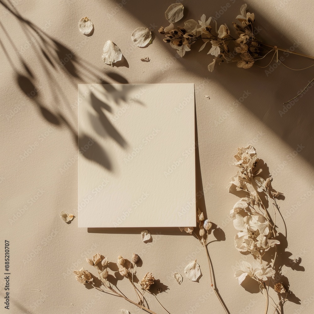 Poster card with blank copy space and dried flower buds on beige background. business branding template in 