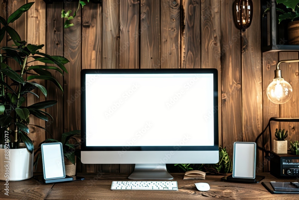 Leinwandbilder an office desk with a white screen is shown in this mockup of a desktop computer.