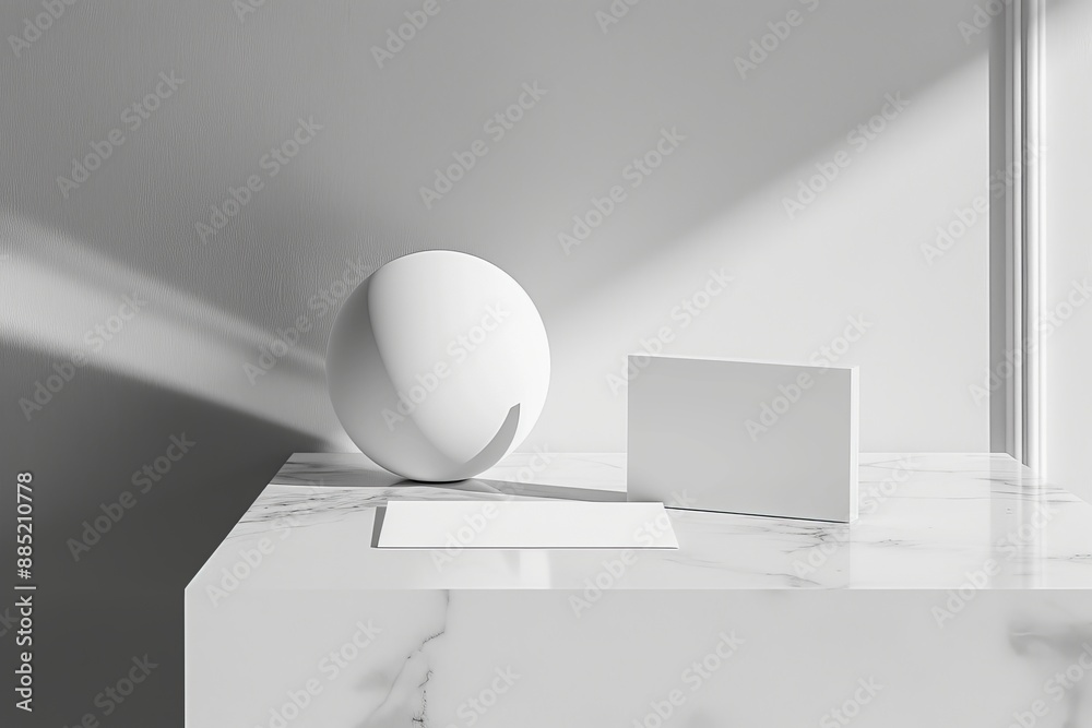 Poster mockup of a white business card paper leaning on a marble sphere with a blank area to insert a compa