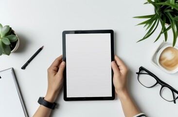 The hands of a businesswoman use a tablet and smartphone mockup on a white desk. The phone has a blank screen for montage.