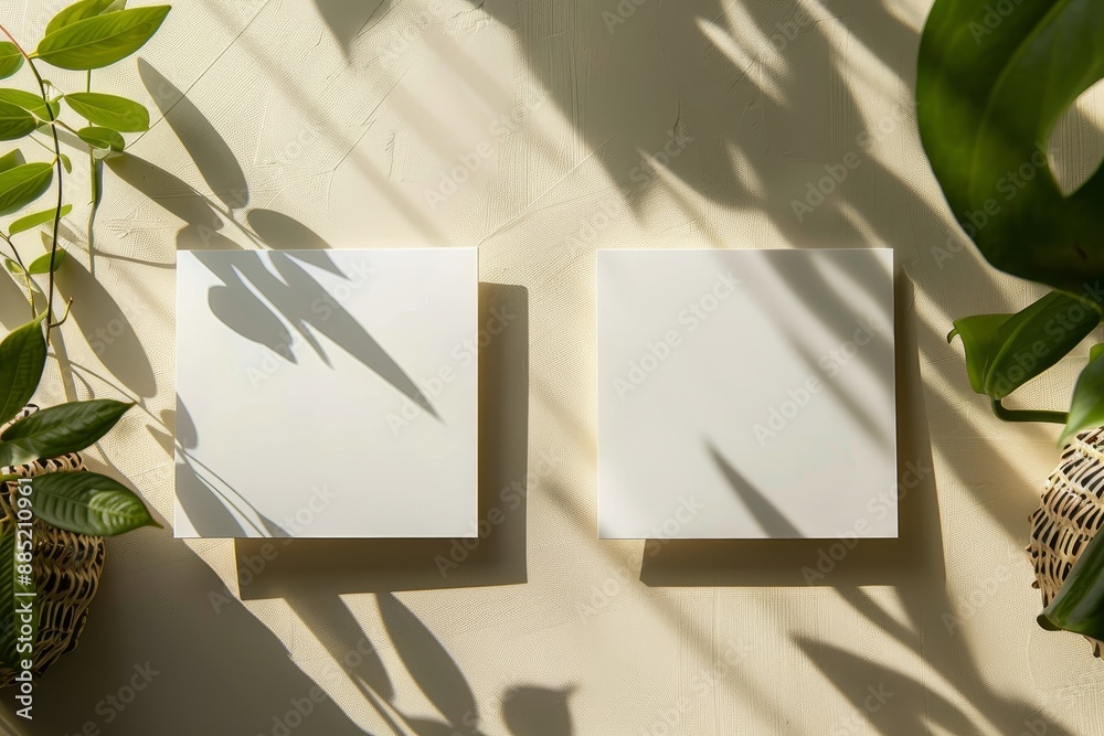 Poster a blank paper sheet card with a mockup of the copy space in shadows of flowers on a beige background
