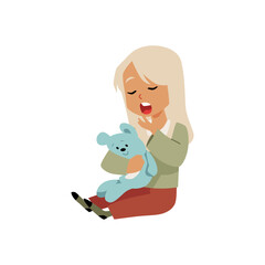Vector illustration depicting a sitting yawning little girl hugging a toy bear