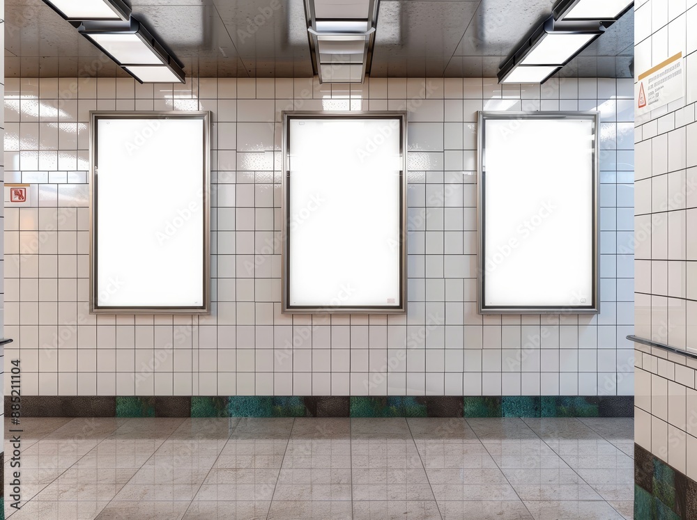 Aufkleber Poster mockup on subway station with vertical light box. 3D rendering of three blank posters in public places.