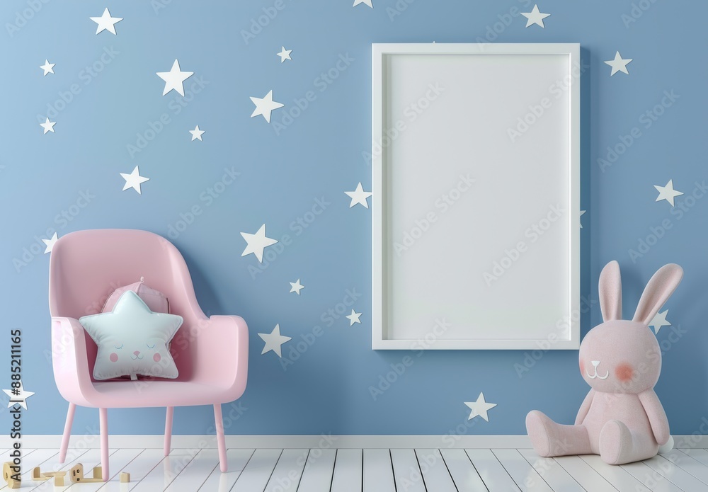 Poster an empty photo frame with a doll on the floor, rendered in 3d