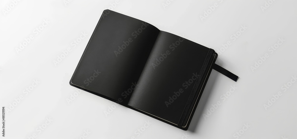 Poster Mockup of a black leather notebook with a light grey background, showing it from all angles, closed and open.
