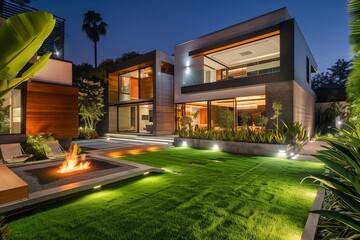 A chic, modern house with a spacious garden at night, featuring a blend of concrete and wooden elements. The garden is lit by stylish outdoor lighting, highlighting the well-maintained lawn.