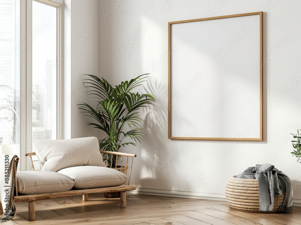 Aufkleber in this mockup of an interior poster, the vertical space has been blanked out and there is a sofa an