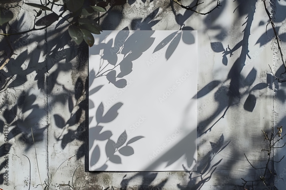 Poster poster mockup with white horizontal rectangle and light shadow on light grey concrete wall. flat lay