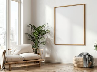 In this mockup of an interior poster, the vertical space has been blanked out and there is a sofa and a tree in a room with white walls.