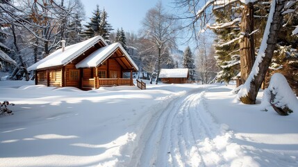 A wooden cabin is nestled in a serene snowy landscape, surrounded by trees and fresh snow, capturing the essence of a peaceful winter retreat and nature's beauty.
