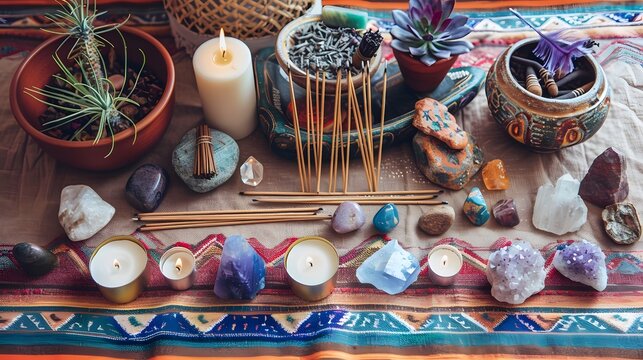 An assortment of meditation tools including incense, candles, and crystals spread out on a meditation mat