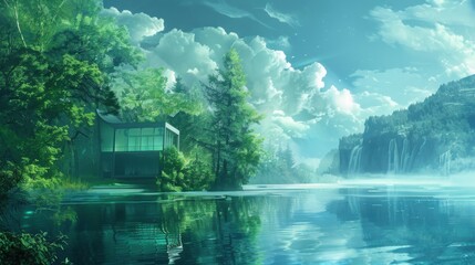 Fototapeta premium Tranquil Lakeside Retreat: Futuristic Cabin in Soft Blue and Green Hues with Advanced Technology - Digital Painting