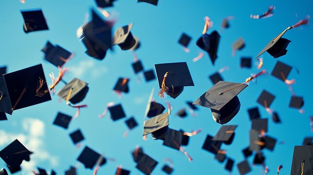 Graduation caps are thrown into the sky celebrating the end of one chapter and the beginning of a new adventure. AI generated