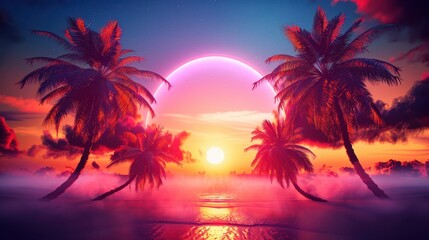 Obraz premium Vivid tropical sunset with palm trees, a vibrant sky, and pink hues reflecting on the water, creating a surreal and dreamy atmosphere.