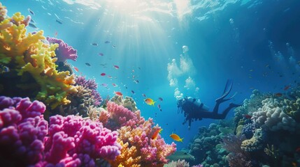 Underwater image with diver looking at coral reef. Generate AI image