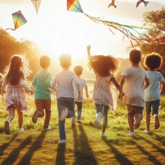 Rearview of happy joyful diverse boys and girls, kids playing outdoors, running and flying kite in the sunny spring or summer grass park. Leisure childhood activity,