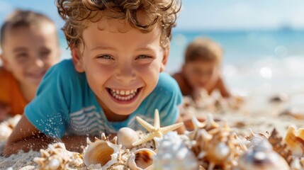 A group of children lying on the beach collecting seashells and starfish on a sunny summer day, capturing the essence of childhood joy and exploration.