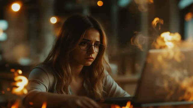Deadline, burnout, overwork creative concept animation. Sad tired woman working on burning laptop, space engulfed in flames and smoke