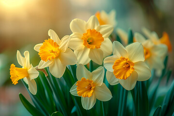 beautiful yellow daffodils flowers outside and sun rays