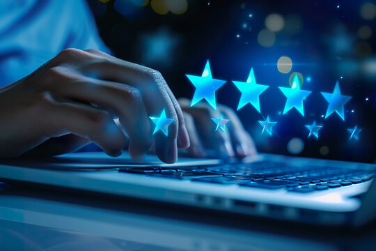 Customer Satisfaction Survey Concept with Hand on Laptop Keyboard and Star Ratings