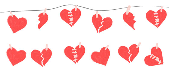 Garland of sedets. Broken heart, sealed with a plaster, half  heart, vector.