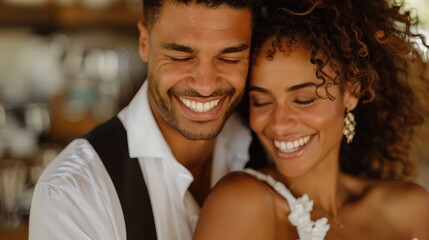 Fototapeta premium An elegantly dressed couple in white poses for the camera in a cozy indoor setting, exuding love and comfort while surrounded by warm, inviting decor.