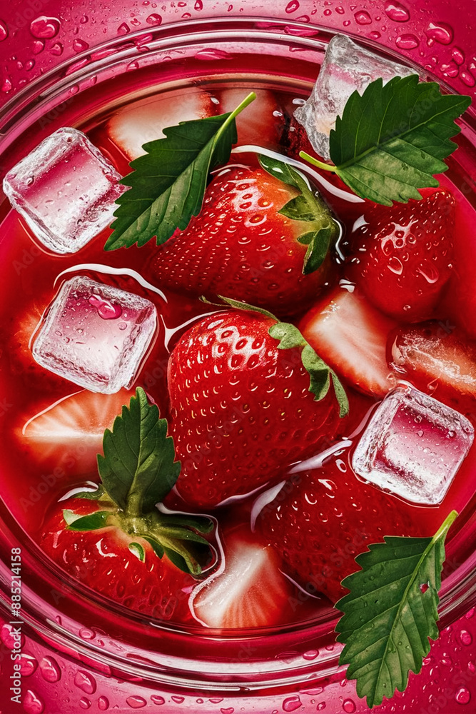 Poster strawberries in strawberry jam with ice cubes and green leaves in a jar.top view